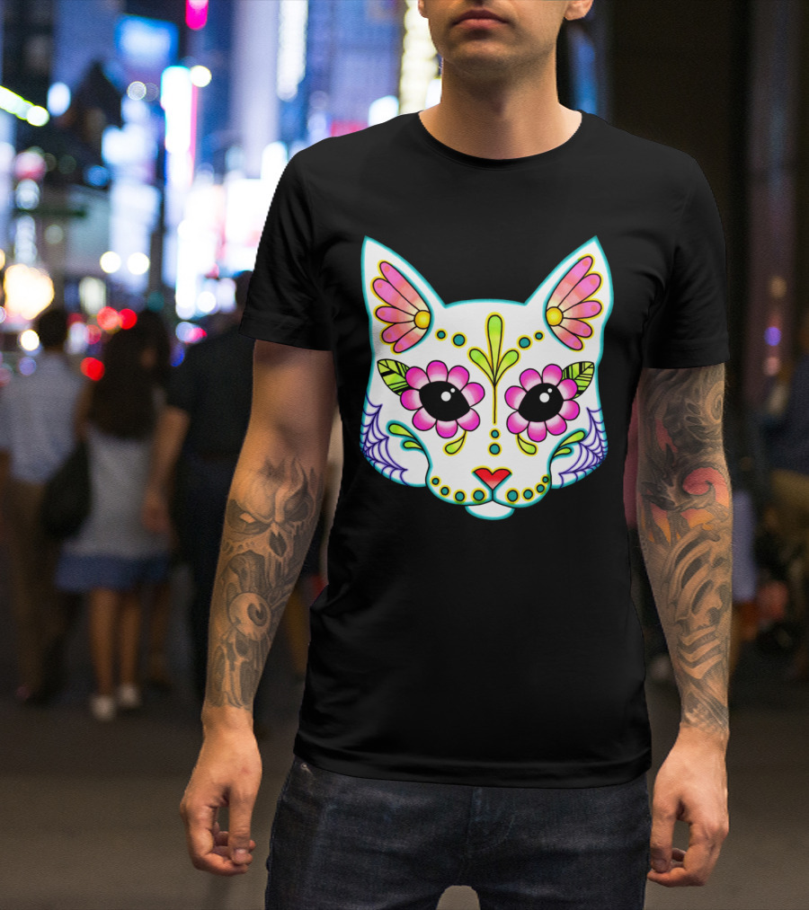 White Day Of The Dead Cat Sugar Skull T-Shirt