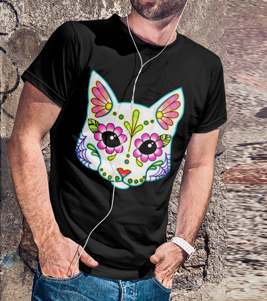 White Day Of The Dead Cat Sugar Skull T-Shirt