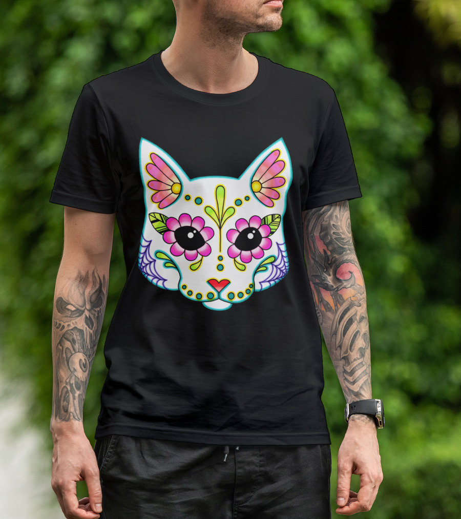 White Day Of The Dead Cat Sugar Skull T-Shirt