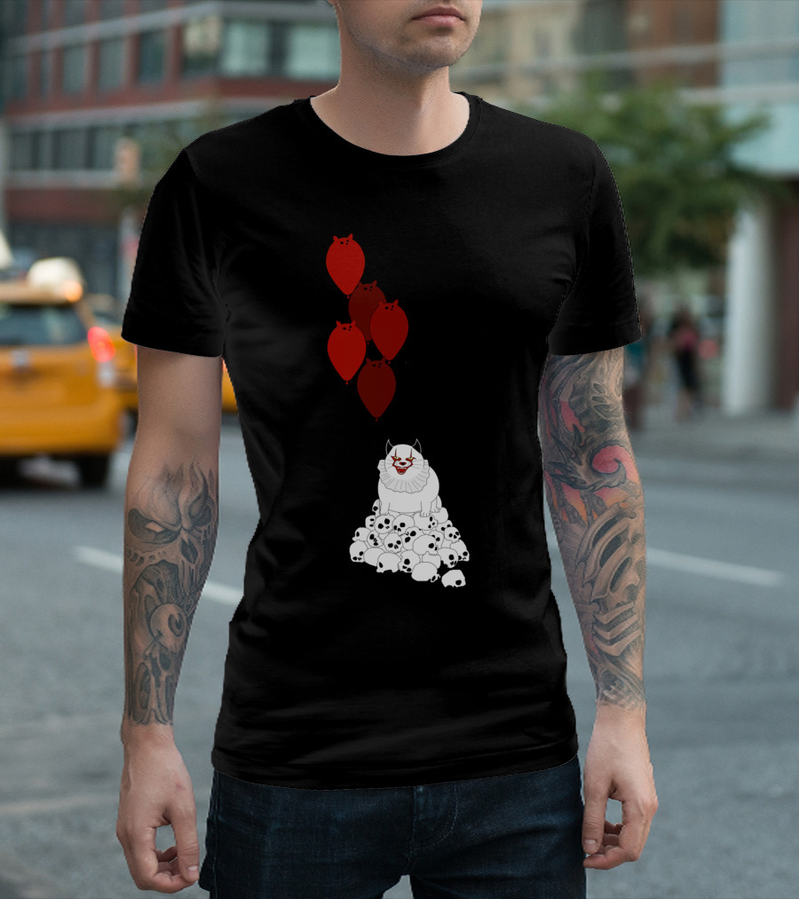 Clown Cat on Skulls with Red Cat Balloons T-Shirt