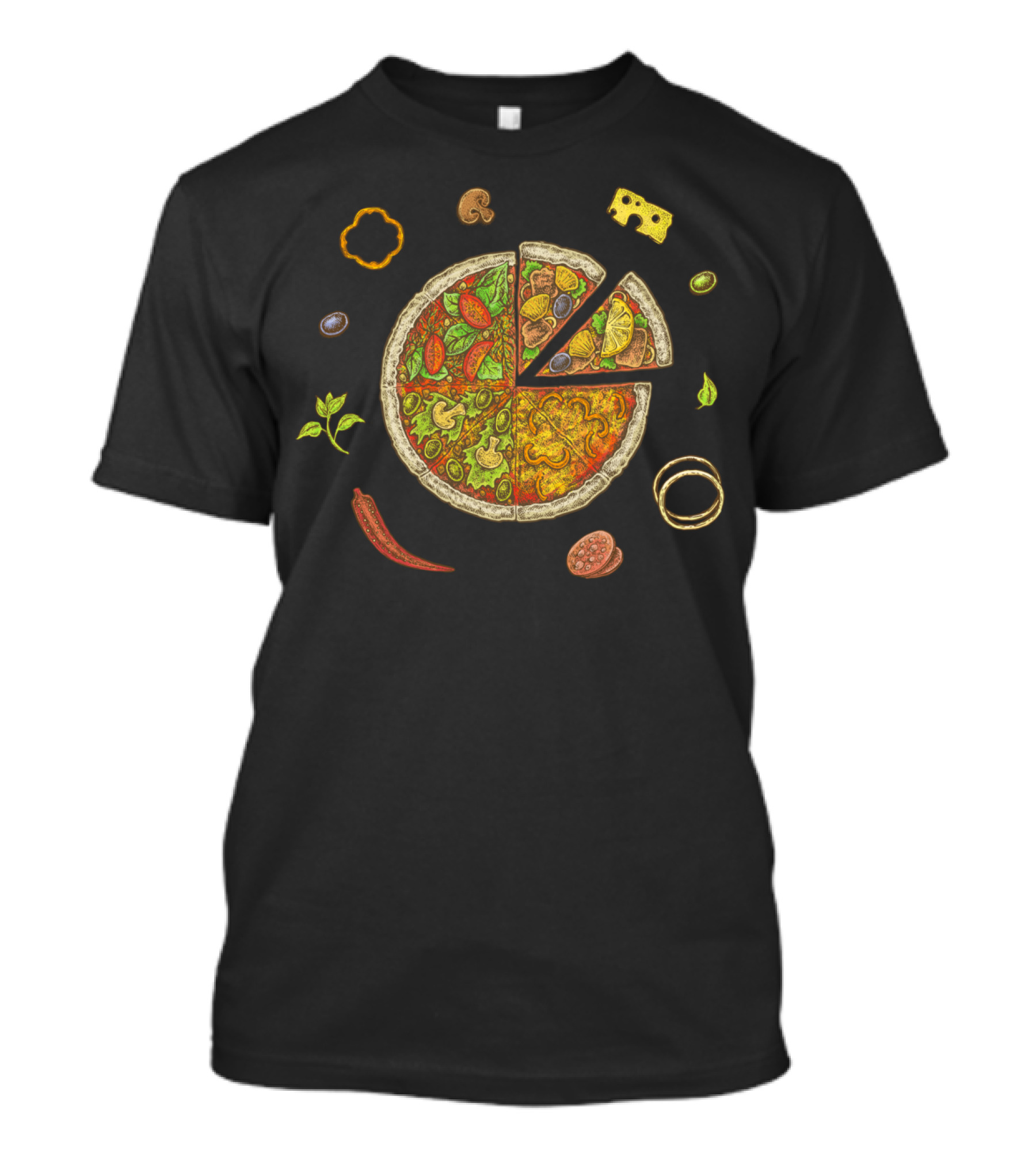 Pizza Ingredients Slice Cheese Mushrooms Peppers Olives Basil Pepperoni Rings T-Shirt