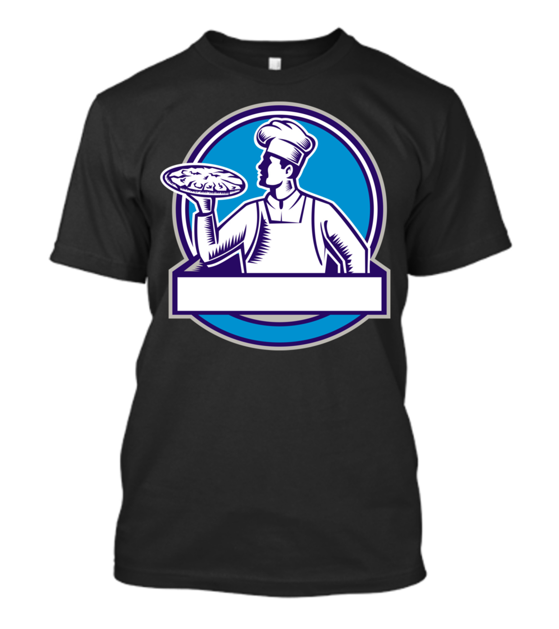 Pizza Chef Serving Pizza Circle Blue Woodcut T-Shirt