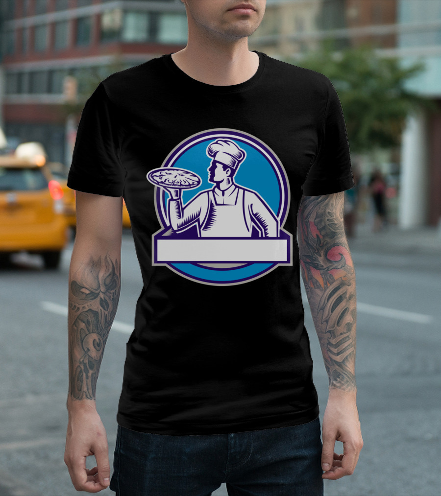 Pizza Chef Serving Pizza Circle Blue Woodcut T-Shirt