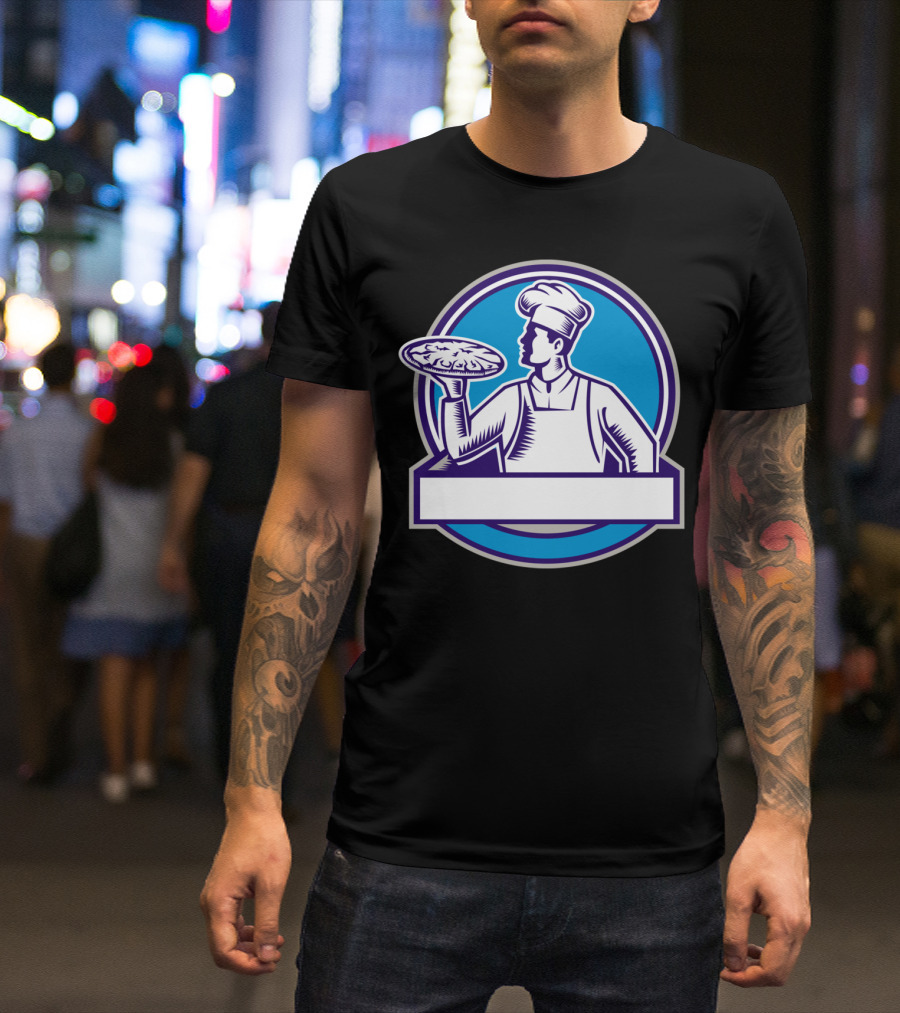 Pizza Chef Serving Pizza Circle Blue Woodcut T-Shirt