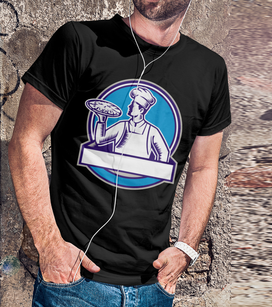 Pizza Chef Serving Pizza Circle Blue Woodcut T-Shirt