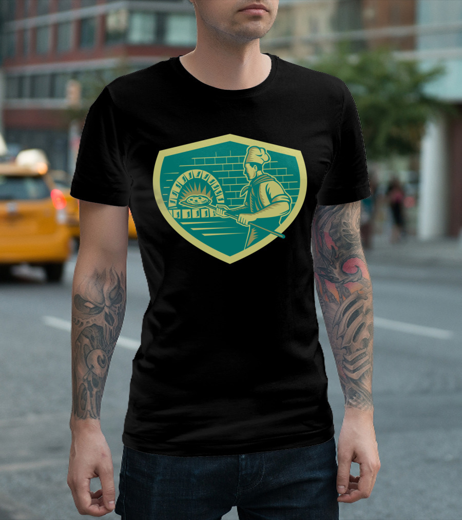 Pizza Maker Holding Peel by Brick Oven Crest Wood T-Shirt