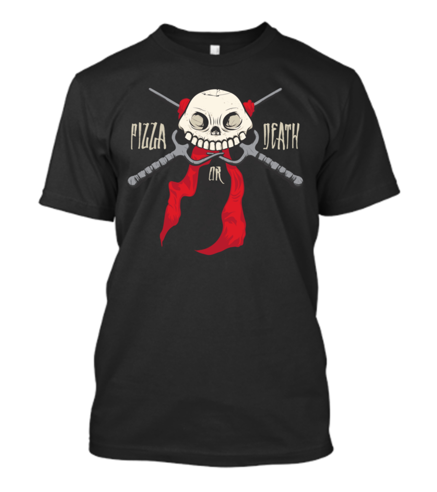 PIZZA Or DEATH Skull Crossed Swords Red Bandana T-Shirt
