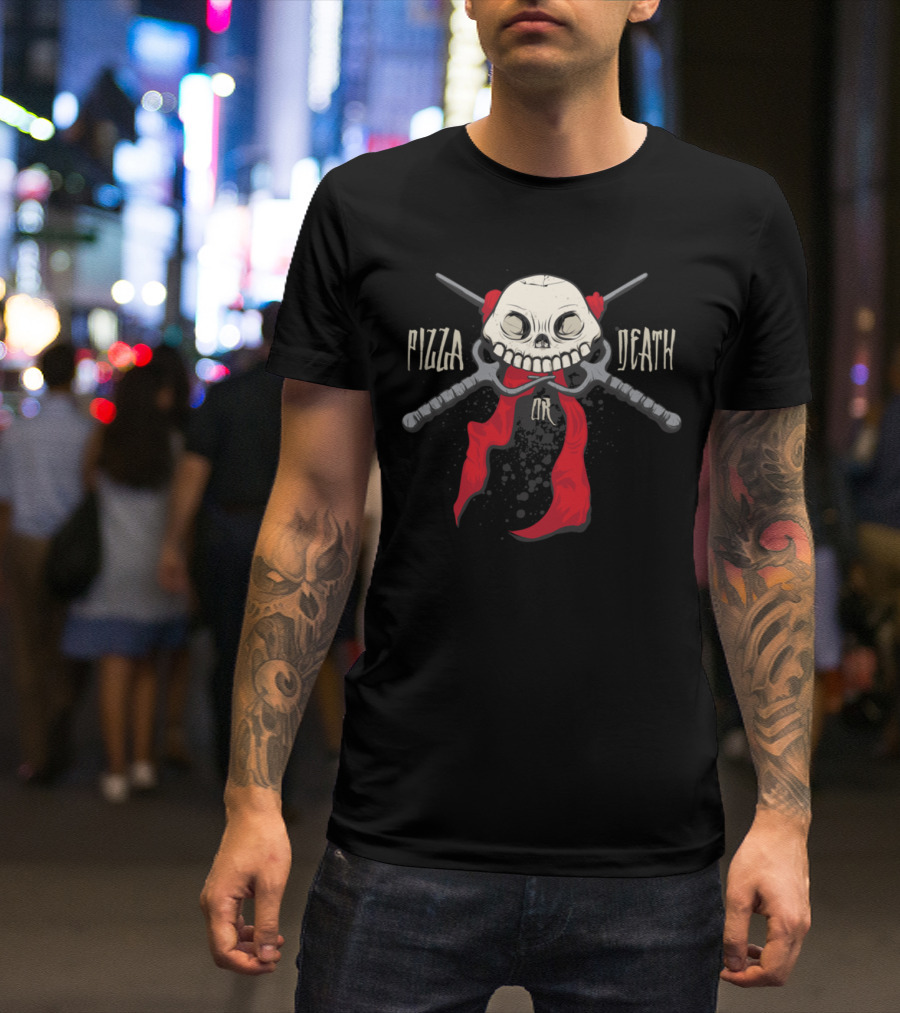 PIZZA Or DEATH Skull Crossed Swords Red Bandana T-Shirt