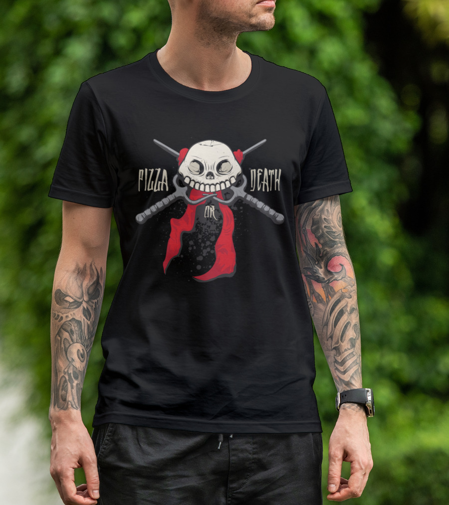 PIZZA Or DEATH Skull Crossed Swords Red Bandana T-Shirt