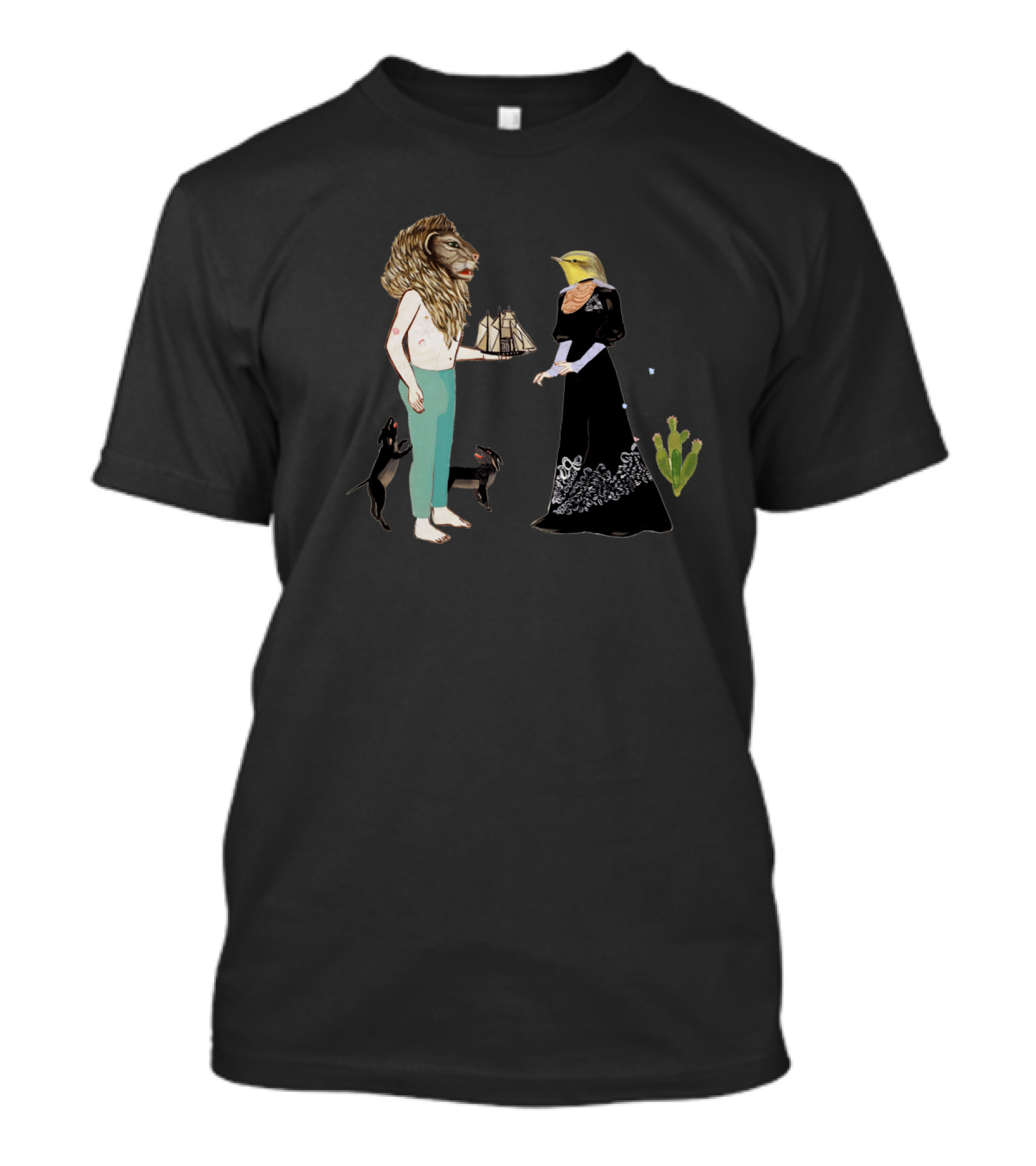 And They Pushed It Out To Sea Lion Headed Man Bird Headed Woman Holding Ship Black Cats T-Shirt