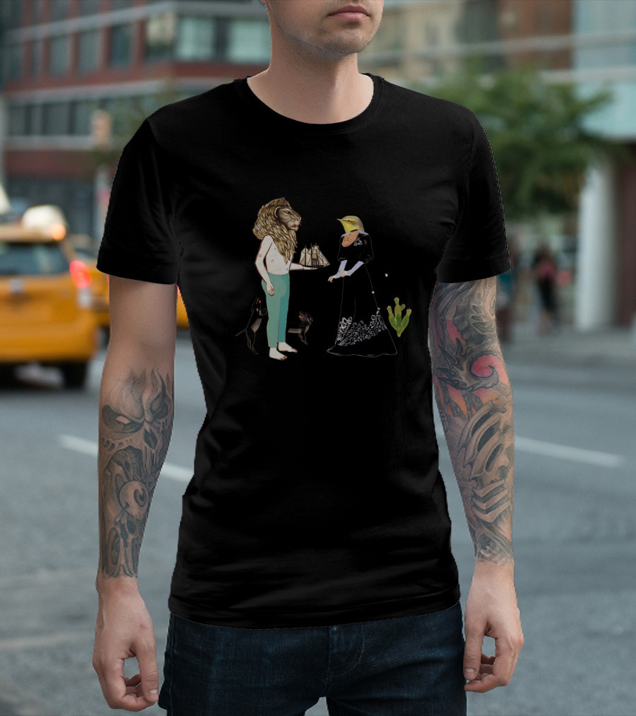 And They Pushed It Out To Sea Lion Headed Man Bird Headed Woman Holding Ship Black Cats T-Shirt