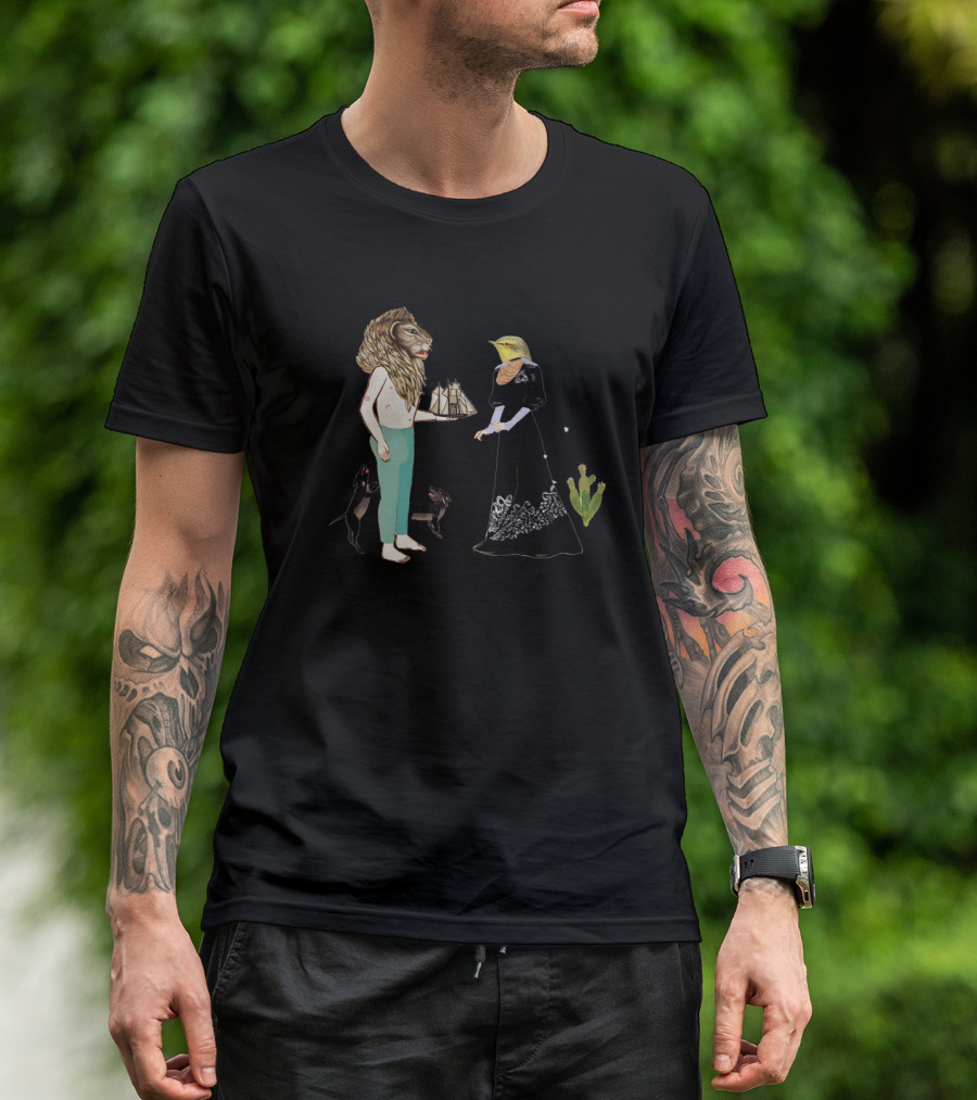 And They Pushed It Out To Sea Lion Headed Man Bird Headed Woman Holding Ship Black Cats T-Shirt