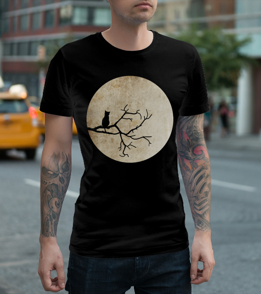 Cat Night Moon Silhouette on Branch T-Shirt