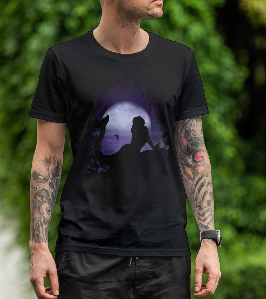 Moonlit Mermaid Night Silhouette Ocean Scene T-Shirt