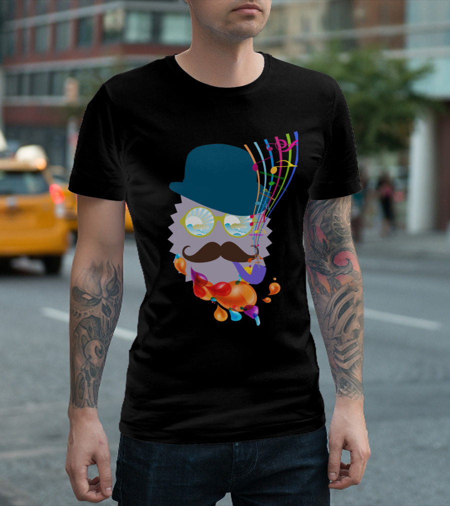 The Music Man 2 Funky Mustache Shades With Musical Notes And Colorful Flow T-Shirt