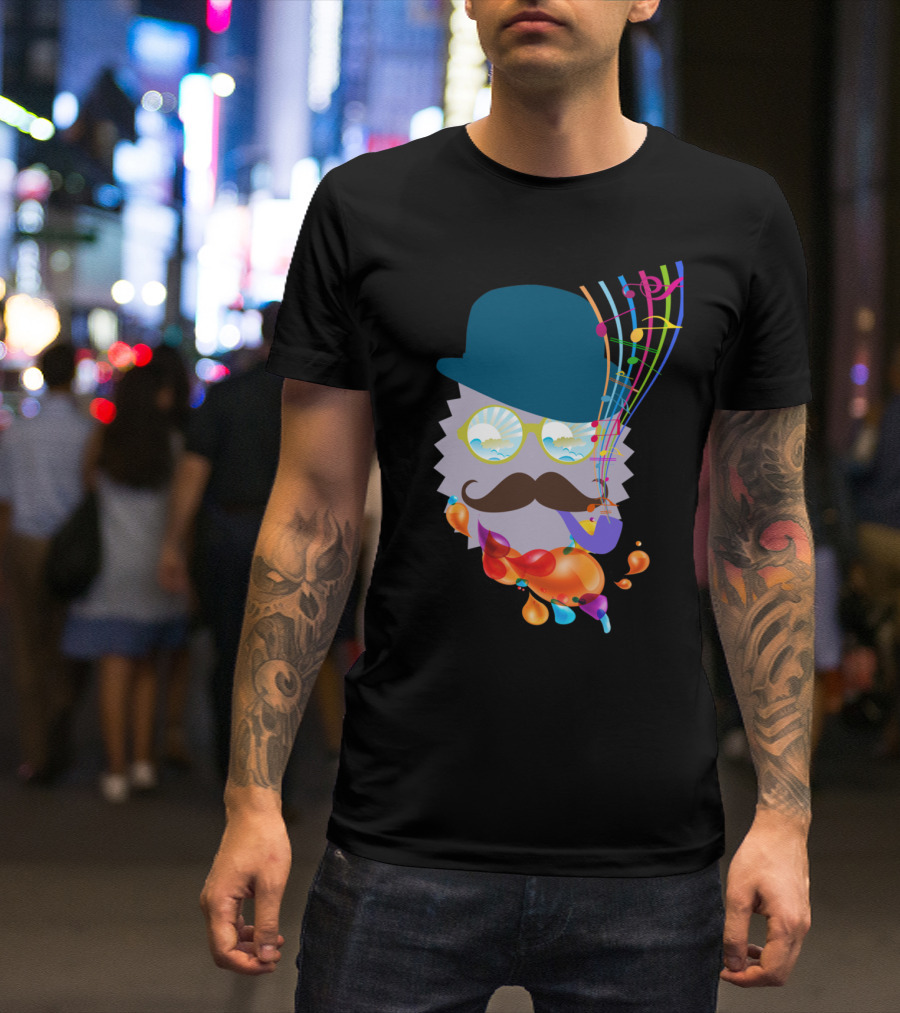 The Music Man 2 Funky Mustache Shades With Musical Notes And Colorful Flow T-Shirt