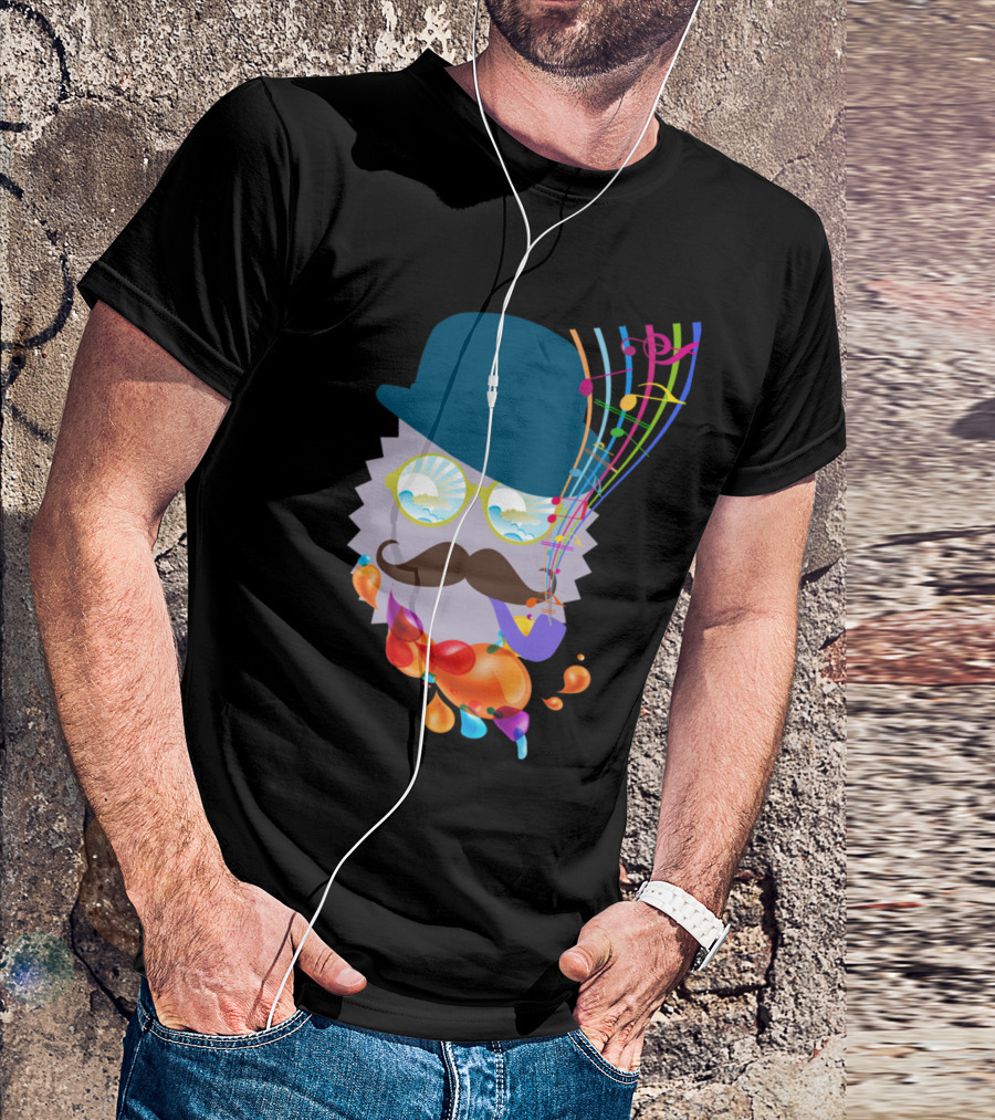 The Music Man 2 Funky Mustache Shades With Musical Notes And Colorful Flow T-Shirt