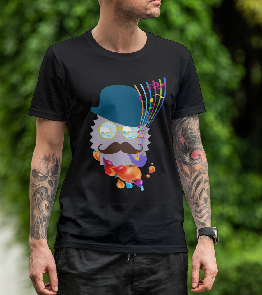 The Music Man 2 Funky Mustache Shades With Musical Notes And Colorful Flow T-Shirt