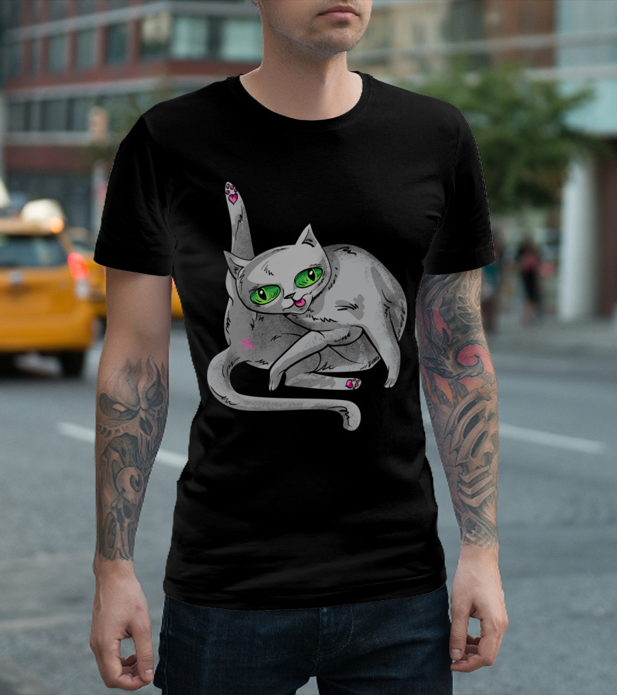 Cat With Green Eyes and Pink Accents in Playful Pose T-Shirt