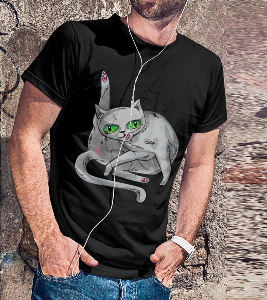 Cat With Green Eyes And Pink Accents In Playful Pose T-Shirt