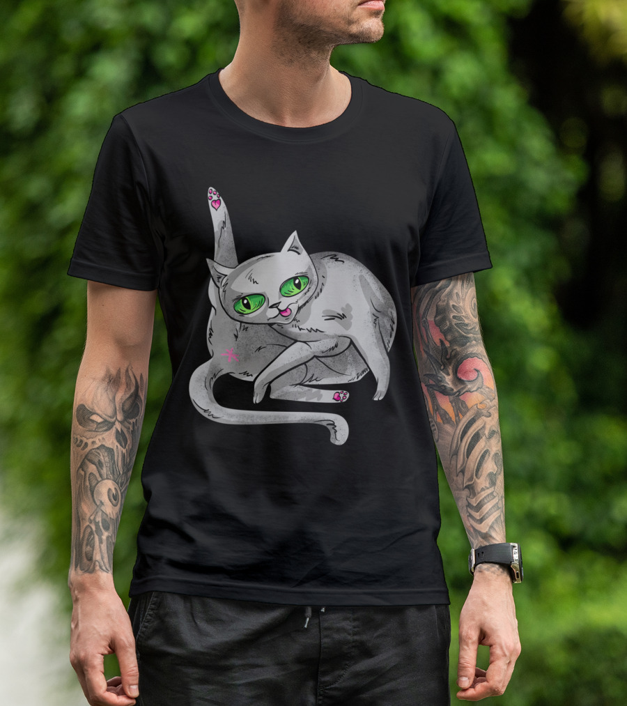 Cat With Green Eyes And Pink Accents In Playful Pose T-Shirt