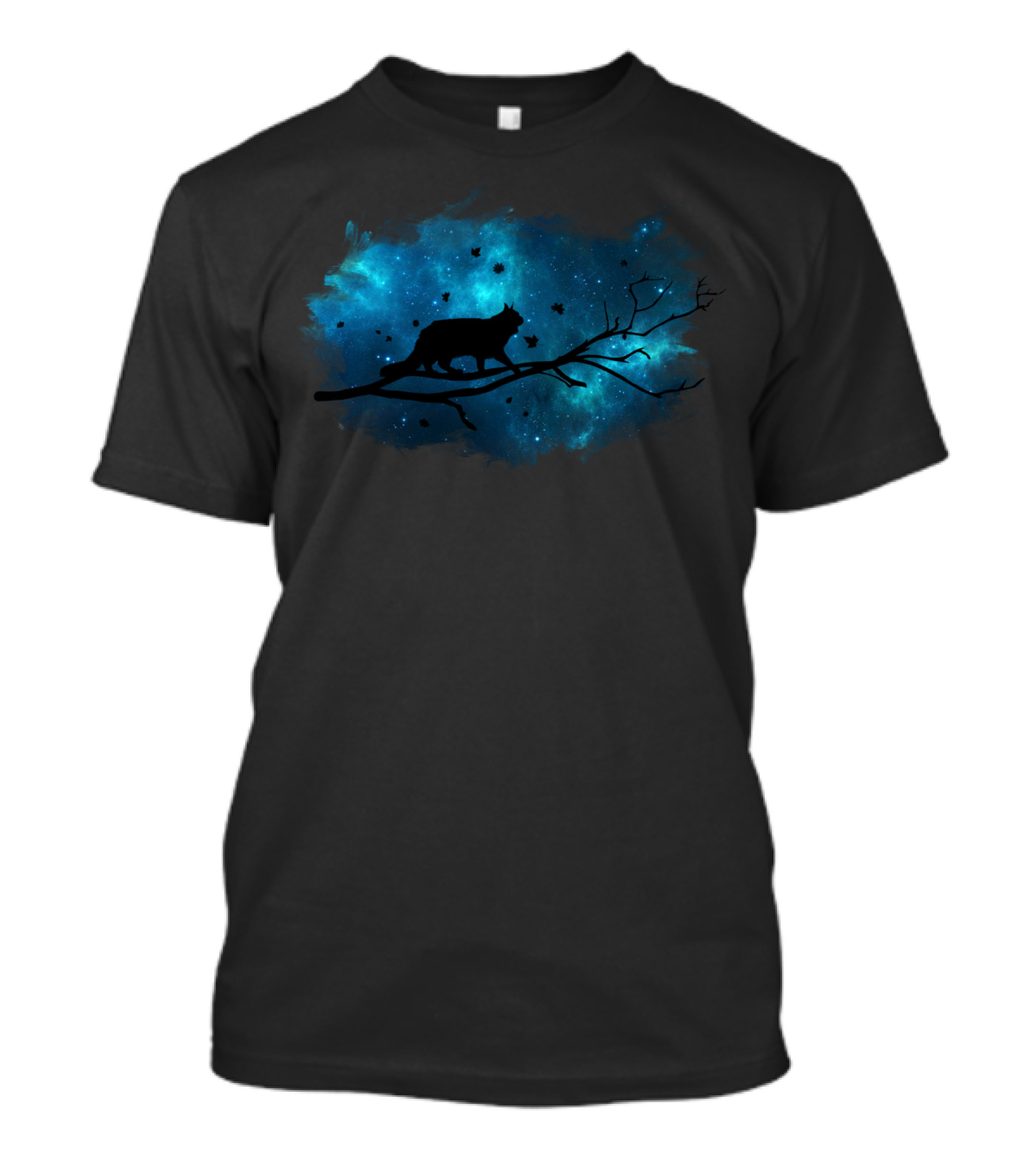 Cat Silhouette On Branch Against Galaxy Sky (Green) T-Shirt