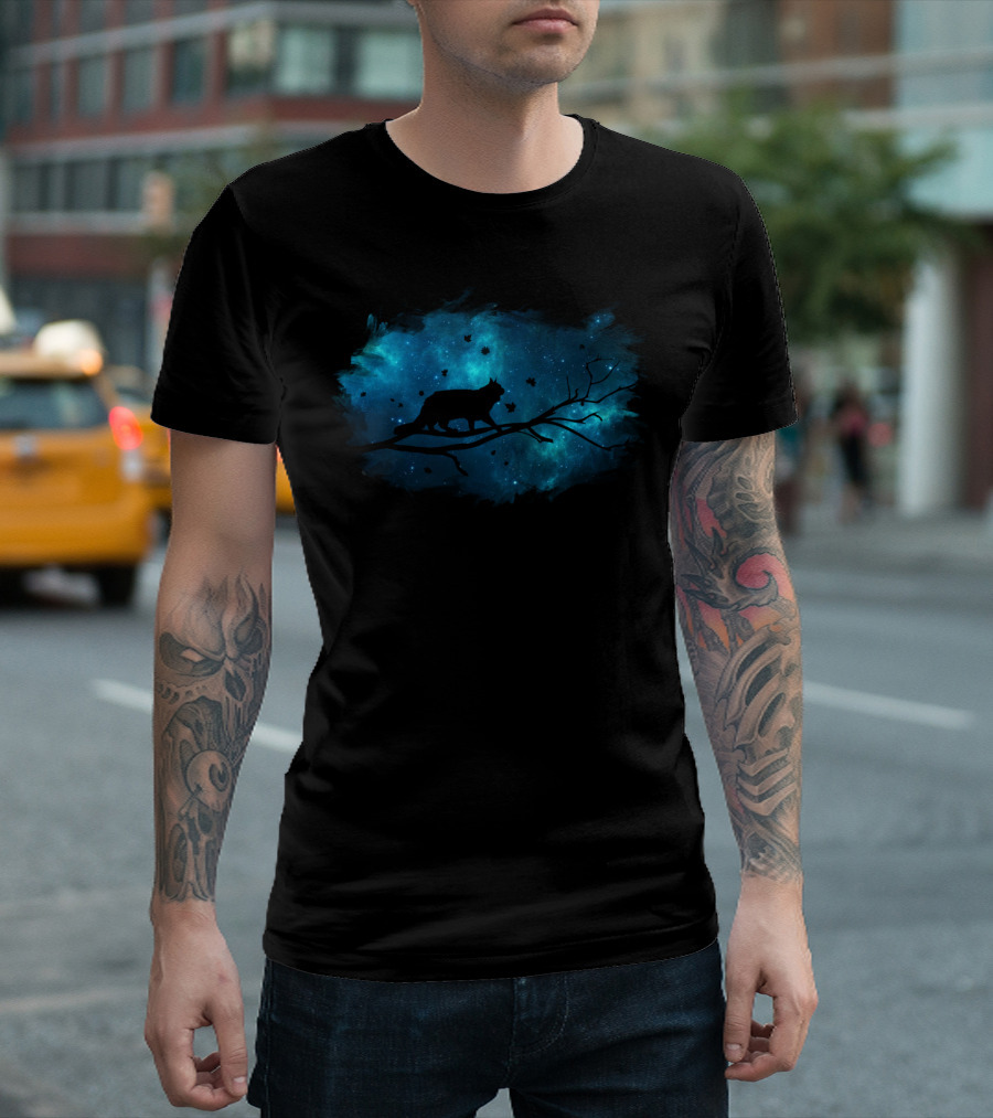 Cat Silhouette On Branch Against Galaxy Sky (Green) T-Shirt