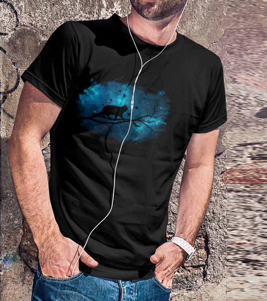 Cat Silhouette On Branch Against Galaxy Sky (Green) T-Shirt