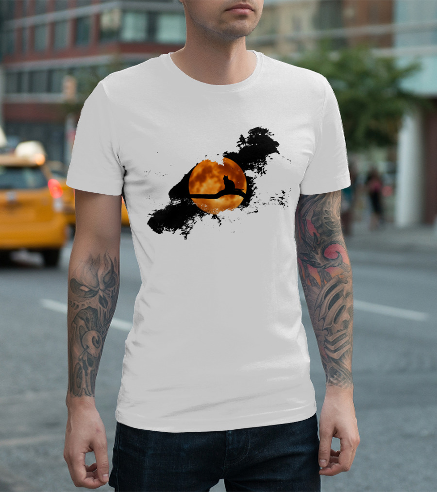 Cat Perched Against Orange Moonlit Sky T-Shirt