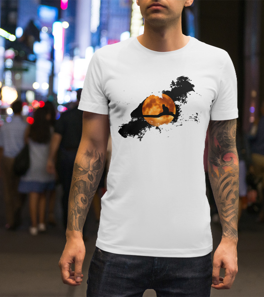 Cat Perched Against Orange Moonlit Sky T-Shirt