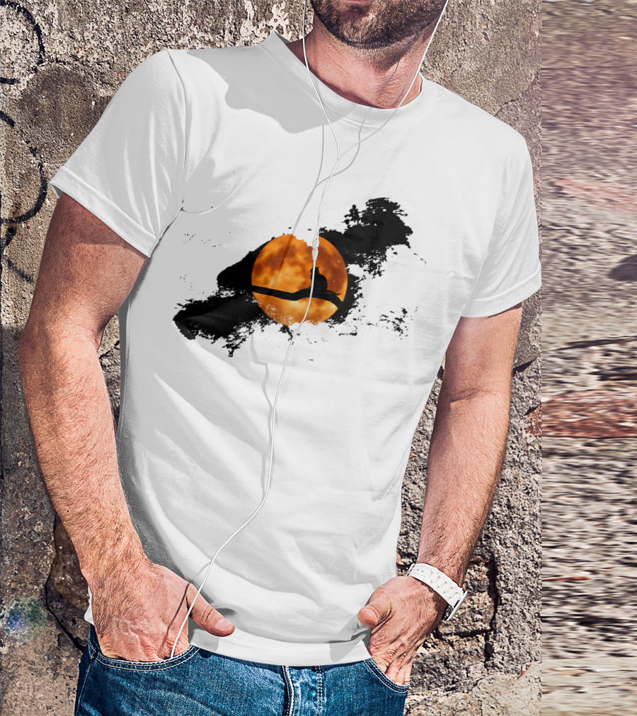 Cat Perched Against Orange Moonlit Sky T-Shirt