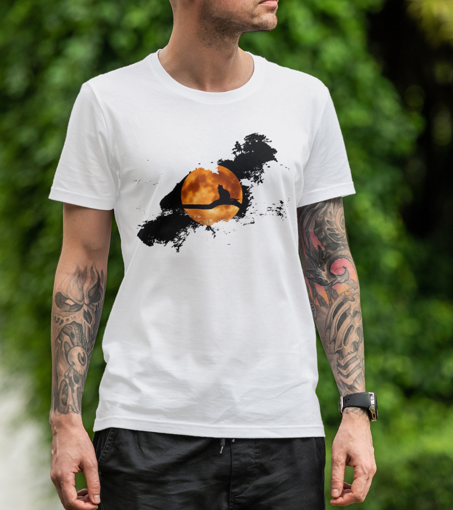 Cat Perched Against Orange Moonlit Sky T-Shirt