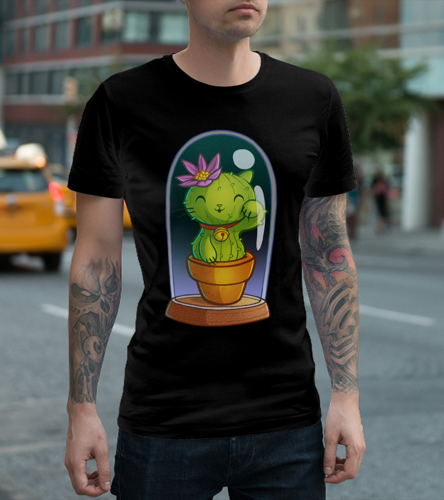 Cat Cactus with Pink Flower in Glass Dome T-Shirt