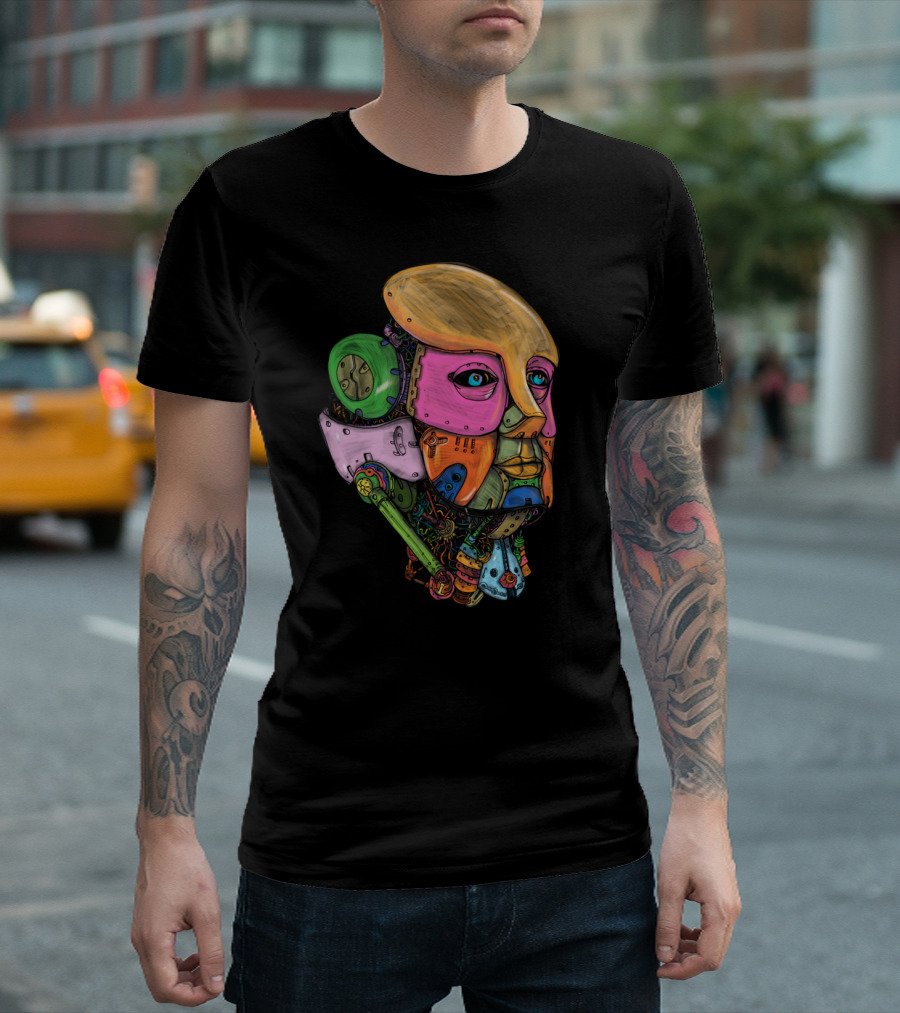 Female Humanoid Robot Head Multicolor Panels T-Shirt
