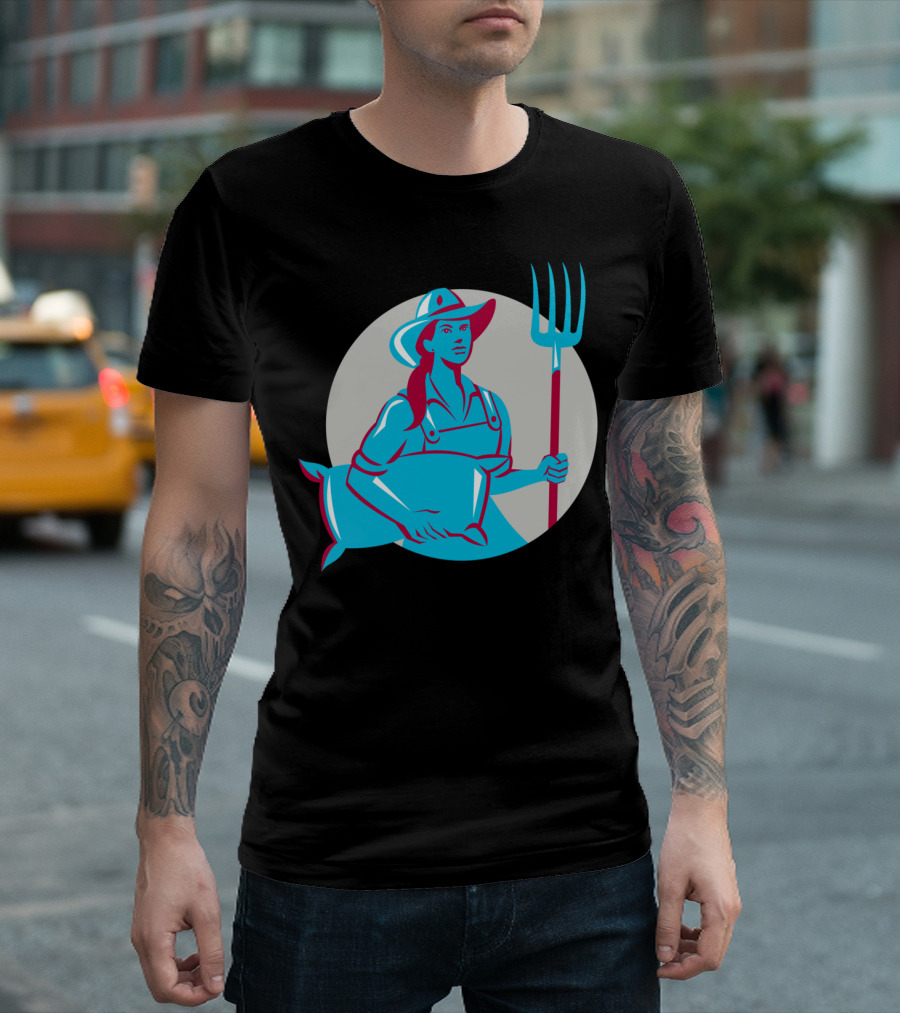 Female Organic Farmer Holding Sack and Pitchfork in Circular Emblem T-Shirt