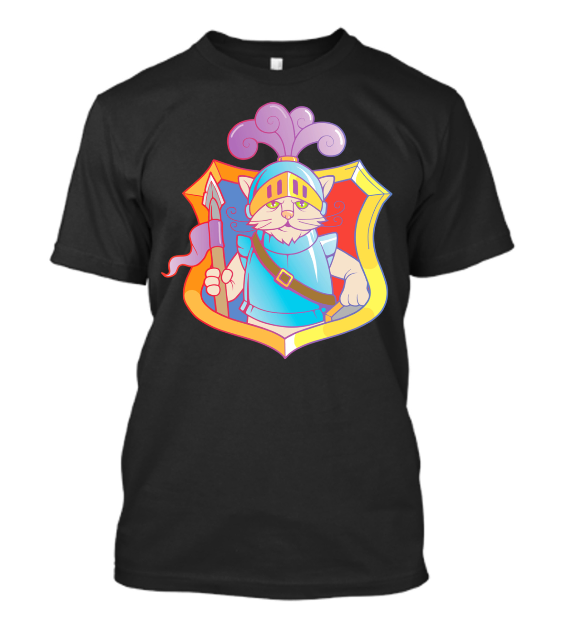 Cat Knight Cartoon With Armor And Crested Helmet In Shield Badge T-Shirt