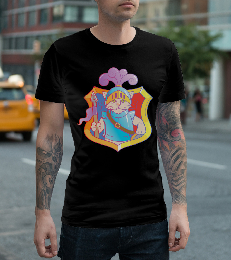 Cat Knight Cartoon With Armor And Crested Helmet In Shield Badge T-Shirt