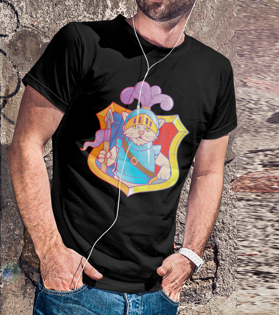 Cat Knight Cartoon With Armor And Crested Helmet In Shield Badge T-Shirt