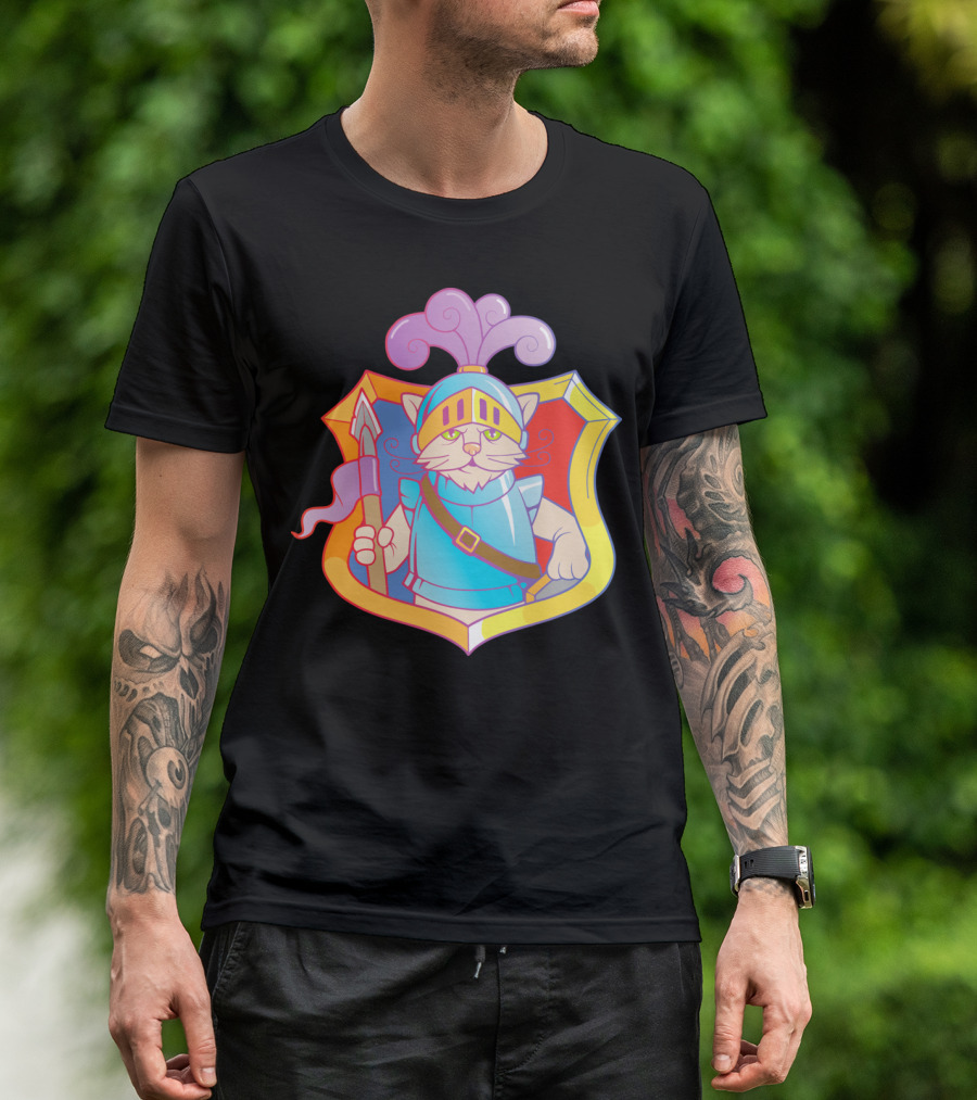Cat Knight Cartoon With Armor And Crested Helmet In Shield Badge T-Shirt