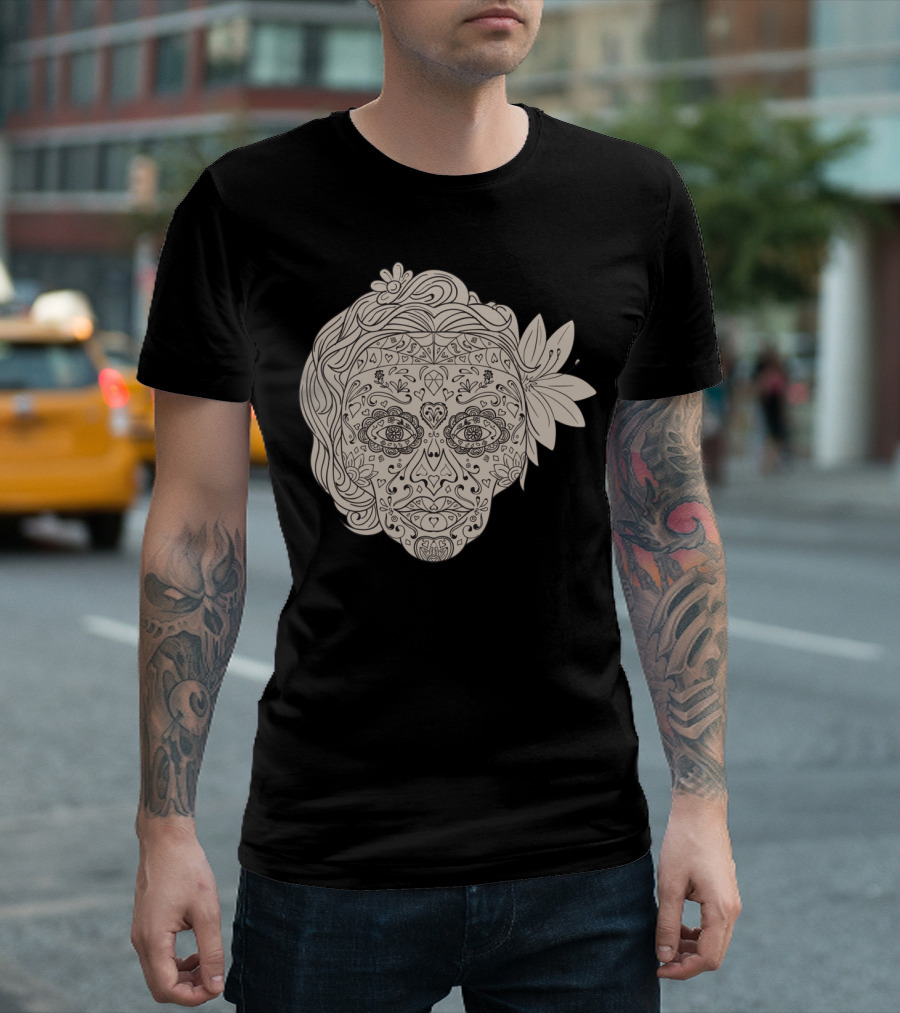 Female Sugar Skull Calavera Floral Line T-Shirt