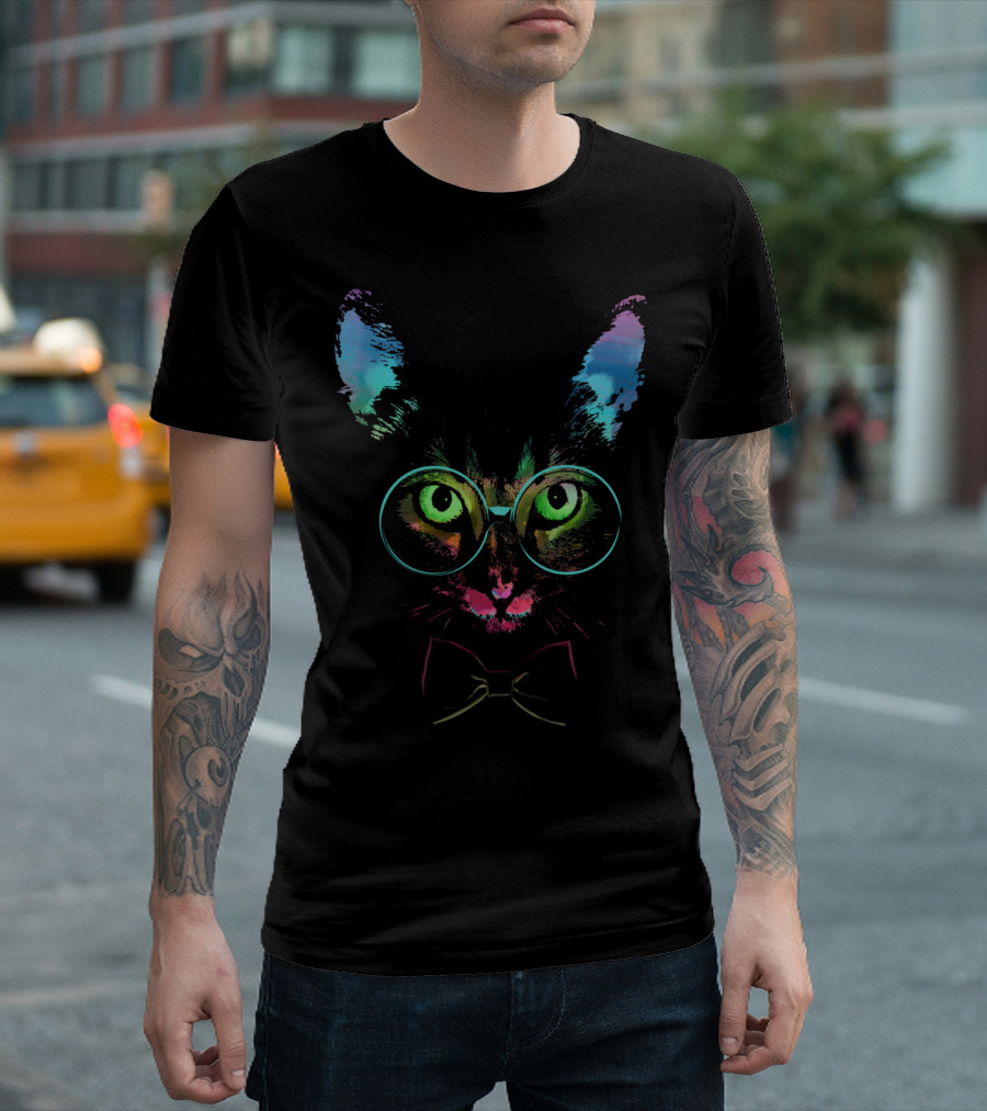 Cat Knows It All Glasses Bow Tie Bright Colors T-Shirt