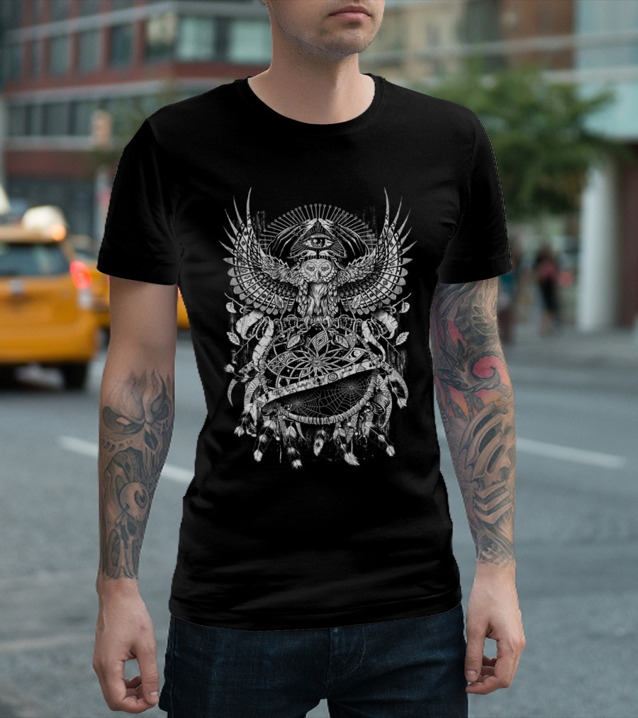 Dream Quest Owl and All-Seeing Eye with Feathers and Dreamcatcher Elements T-Shirt