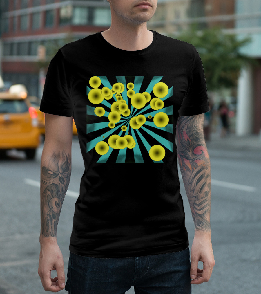 Yellow Bubbles Radiating on Black and Teal Stripes T-Shirt