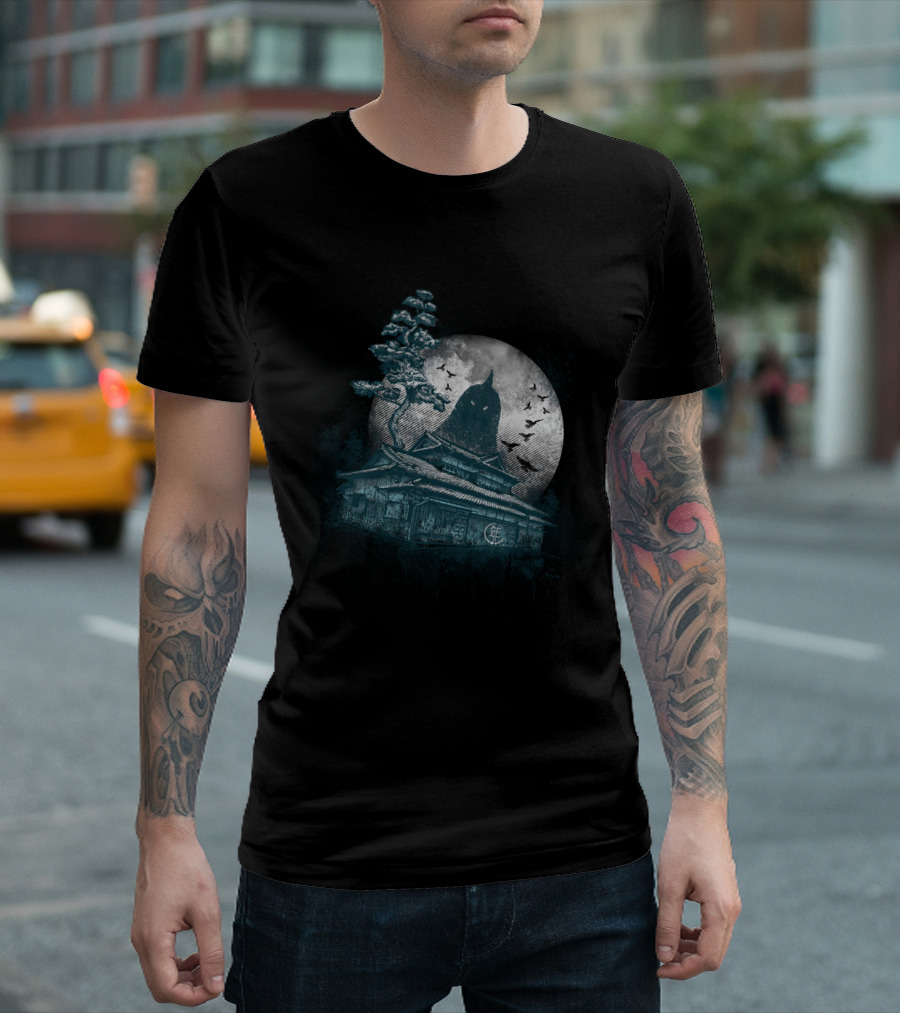 The Legend Haunted Japanese Pagoda Art with Moon and Bats T-Shirt