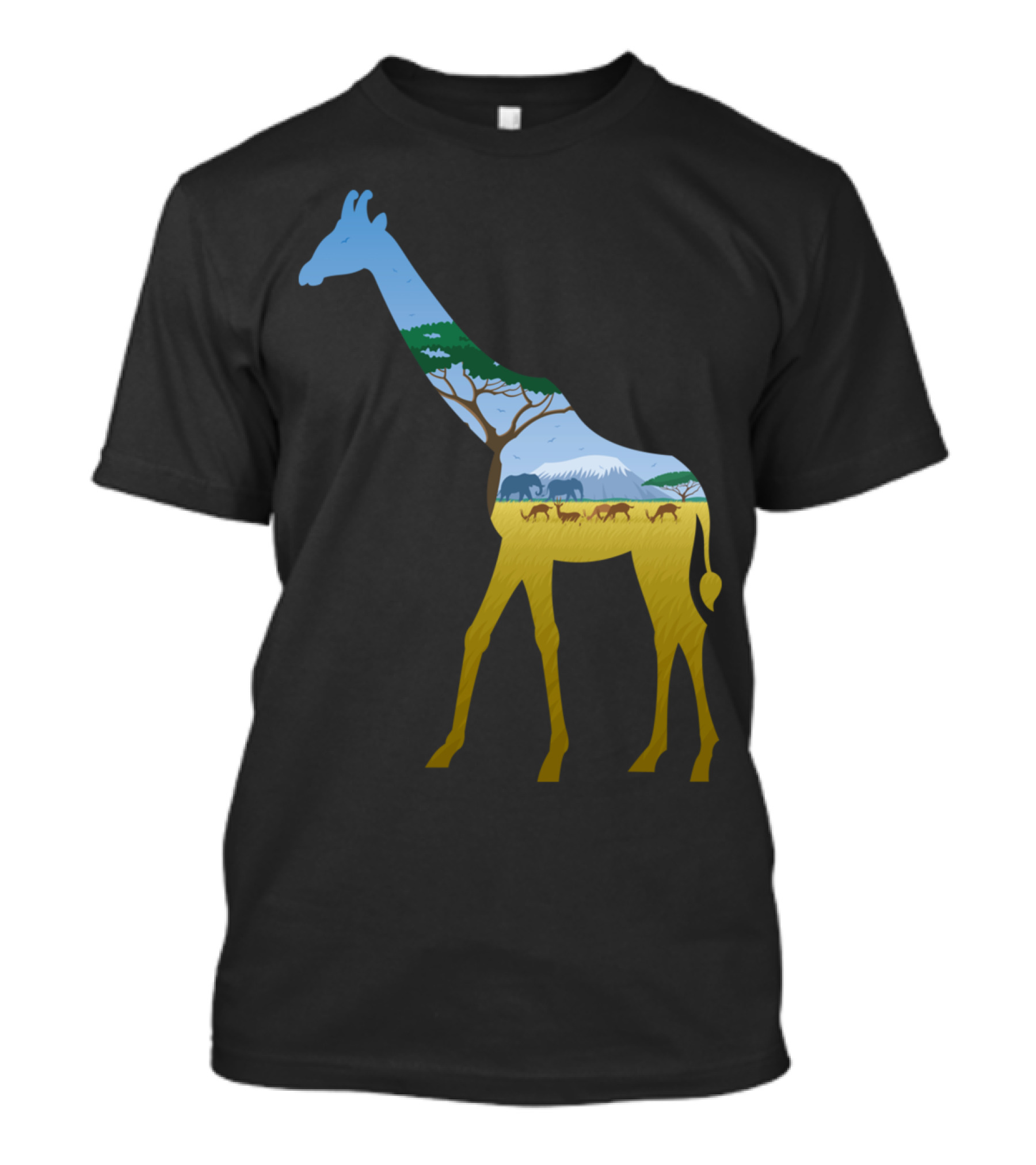 Giraffe Landscape Safari With Elephants And Acacia Trees T-Shirt