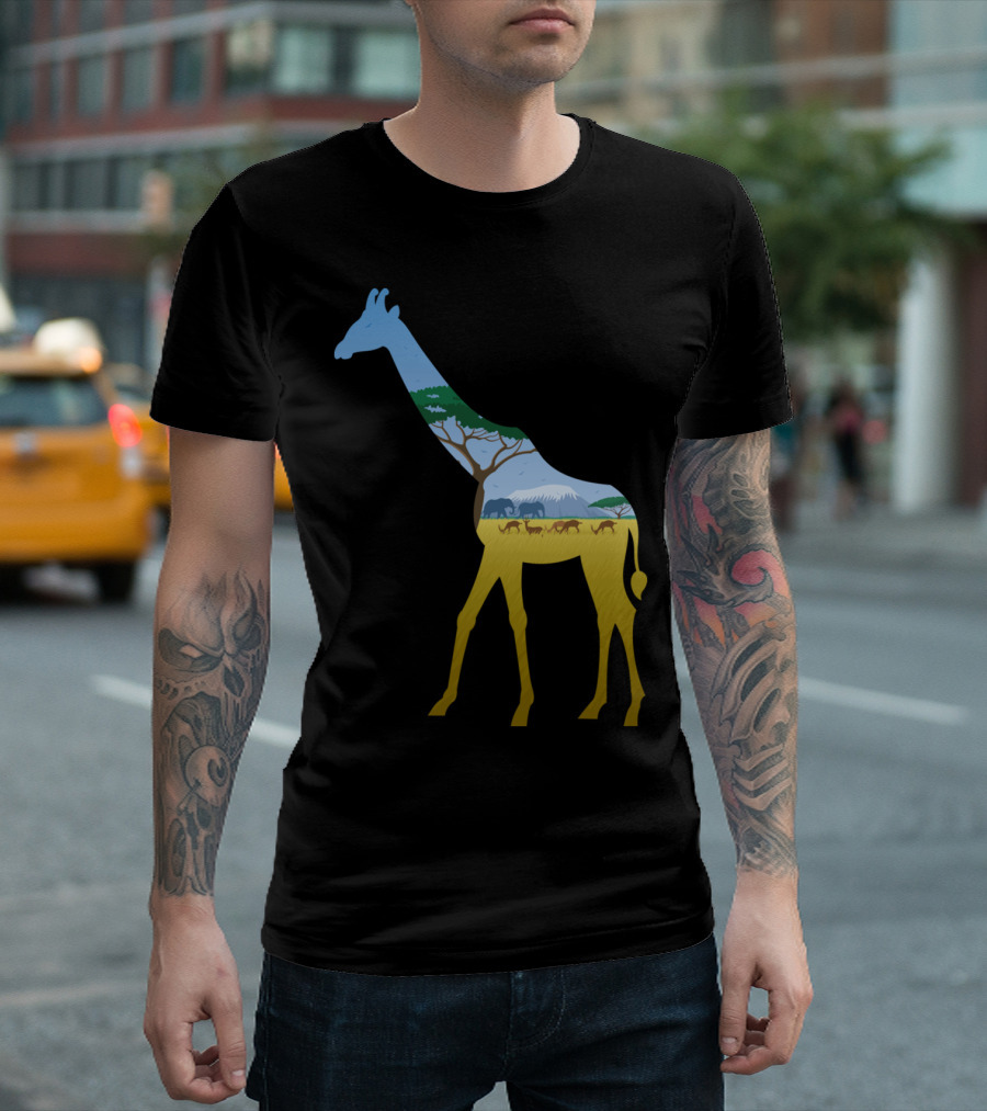 Giraffe Landscape Safari With Elephants And Acacia Trees T-Shirt