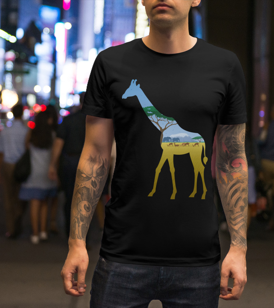 Giraffe Landscape Safari With Elephants And Acacia Trees T-Shirt