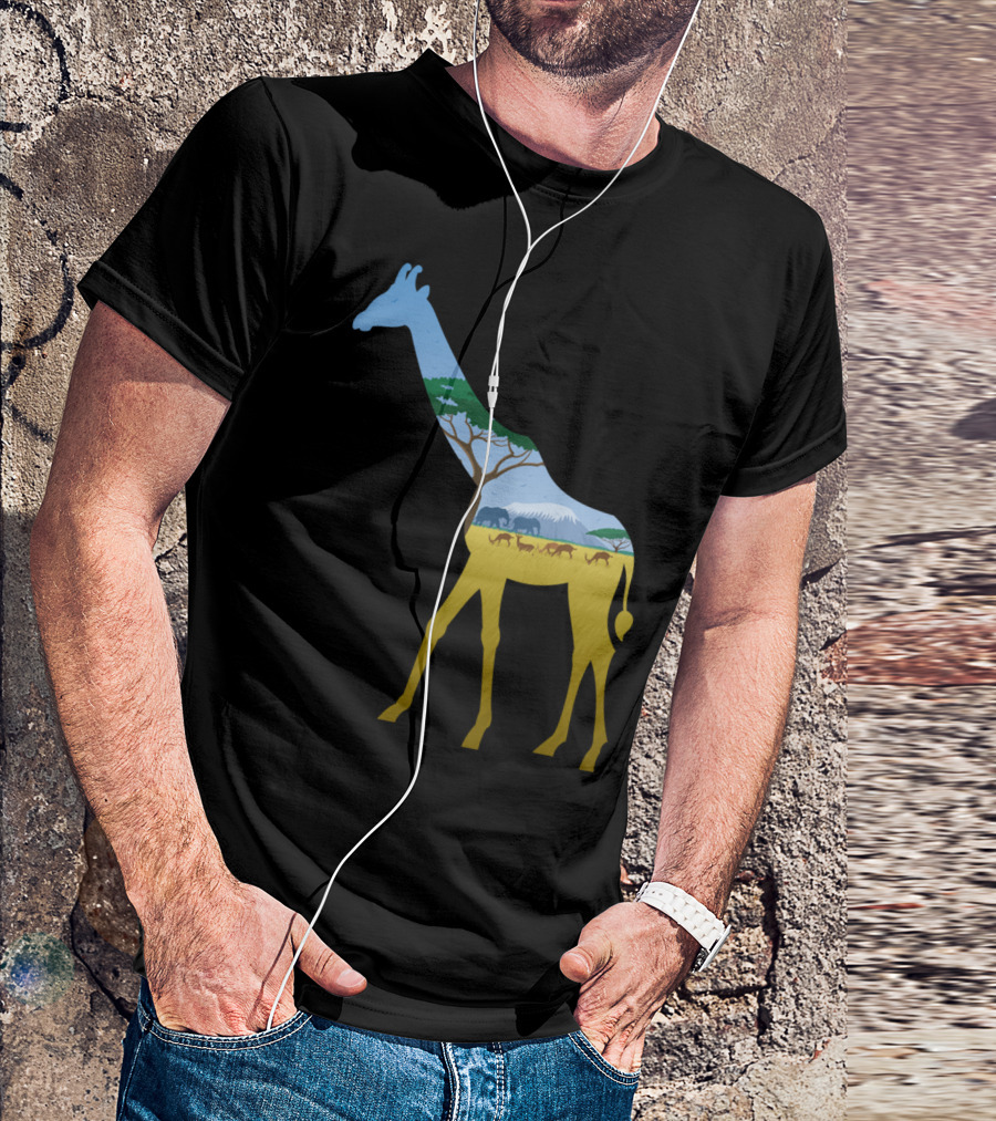 Giraffe Landscape Safari With Elephants And Acacia Trees T-Shirt