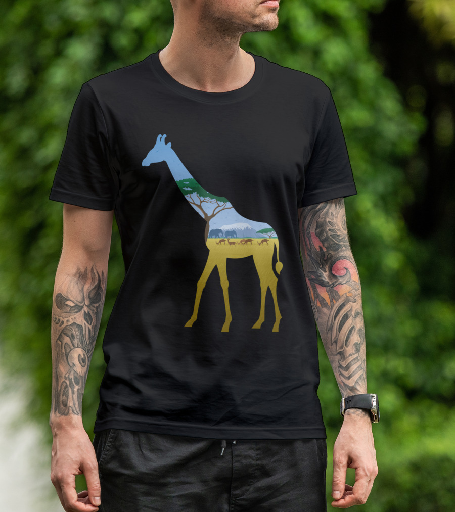 Giraffe Landscape Safari With Elephants And Acacia Trees T-Shirt