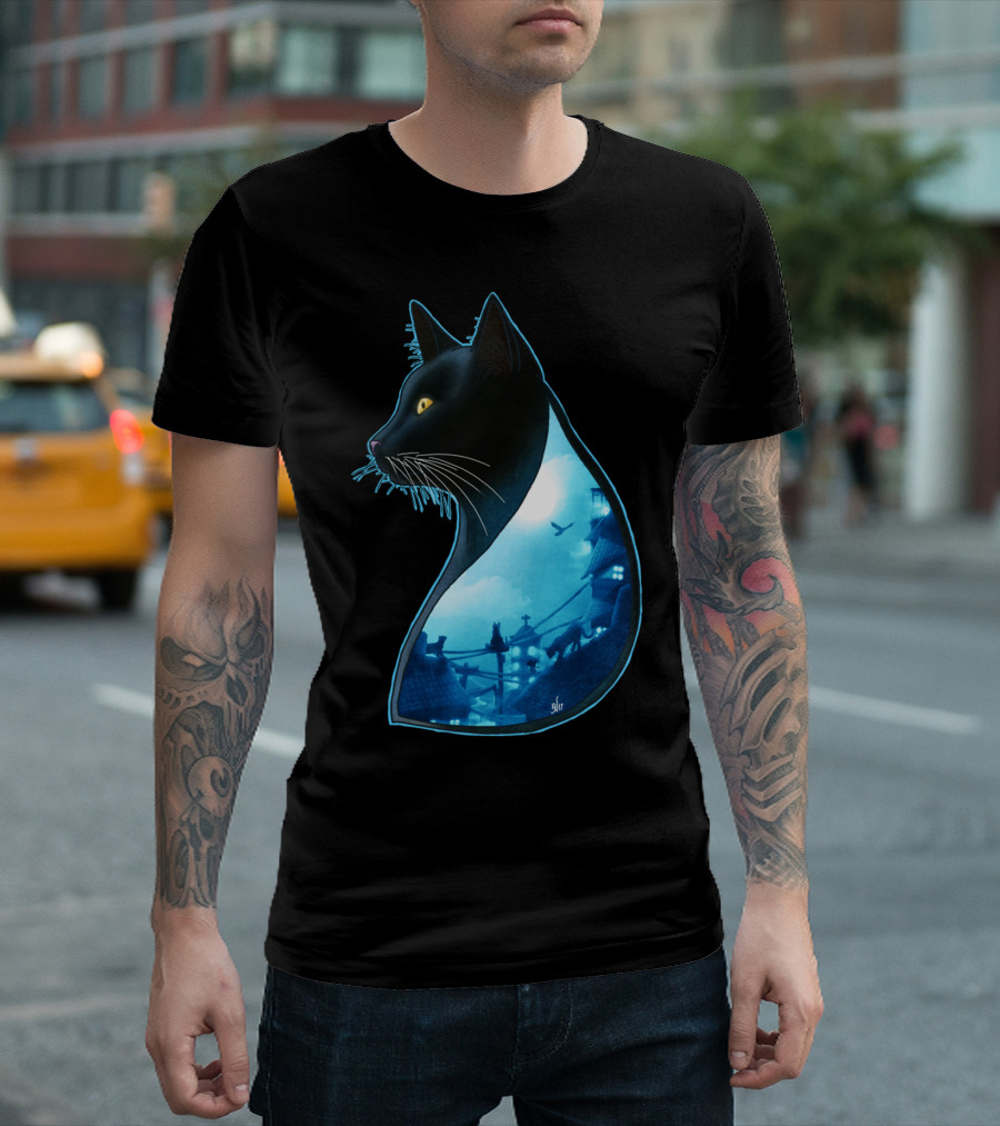 Guardians Of The Night Cat Silhouette Moonlit Rooftops Scene T-Shirt